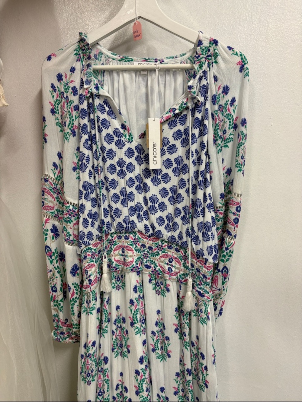 Chico's White Maxi Dress with Blue, Pink & Green Floral Print